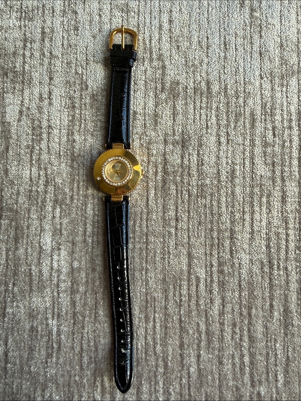 Joan Rivers Gold Round Crystal Accent Watch with Black Leather Strap